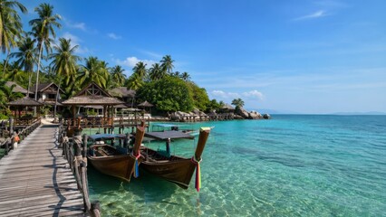 Fototapeta premium Traditional wooden boats at tropical island resort with crystal clear water