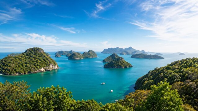 Panoramic tropical island viewpoint with turquoise sea and green islets