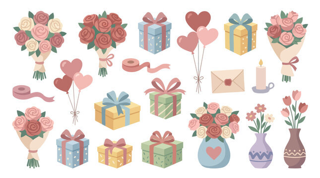 Valentine's Day flat design vector icons set, gifts, flowers, romance