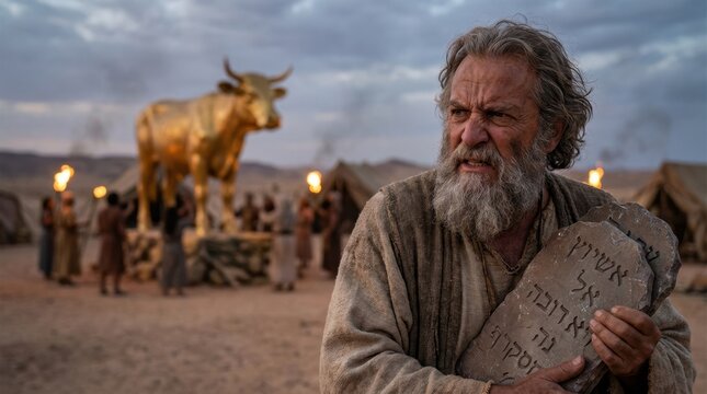 Dramatic biblical cinematic scene showing an angry prophet Moses holding stone tablets of the ten commandments looking at ancient israelites worshipping a false idol golden calf in the desert camp
