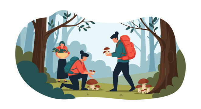 Group of friends foraging for mushrooms in a lush green forest during the autumn season in a flat illustration style.
