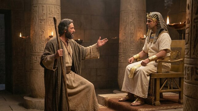 Dramatic biblical scene depicting historical prophet Moses wearing rustic robes holding a wooden staff while speaking directly with an Egyptian Pharaoh sitting on a golden throne in a temple