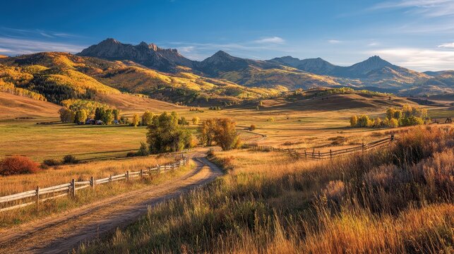 Autumn landscape in the Cimarron Valley, Colorado: golden aspen groves, rolling hills, and a winding dirt road