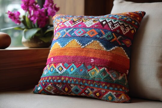vibrant Indian-inspired handwoven cushion cover