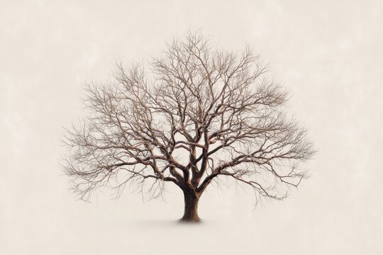 Bare-branched tree silhouette in clean white space, contemporary illustration