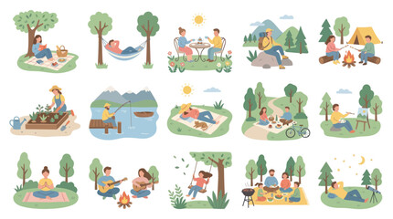 Naklejka premium Flat Design Vector Illustrations of People Enjoying Outdoor Activities and Nature