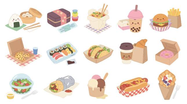 Cute Kawaii Food Vector Icons: Delicious Fast Food, Desserts, and Drinks