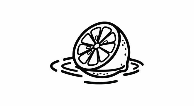 Black and white sketch of a half lemon with juice puddle