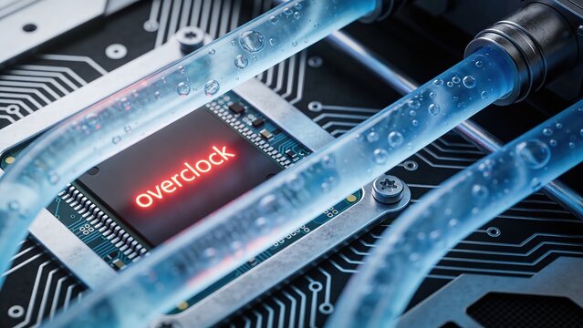 Close up of translucent coolant flowing through a high tech overclock microchip on a circuit board with a black background