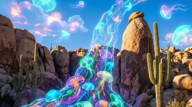 Glowing stream of translucent jellyfish flows through sunlit rocky desert valley, colorful bioluminescent creatures drifting above cacti and boulders in surreal, magical scene