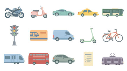Fototapeta premium Flat Design Transportation Icons: Cars, Bikes, Buses, Trains, Scooter, Taxi