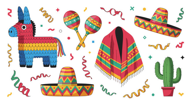 Collection of Mexican holiday elements including a colorful donkey pi�ata, maracas, sombreros, poncho, and potted cactus.