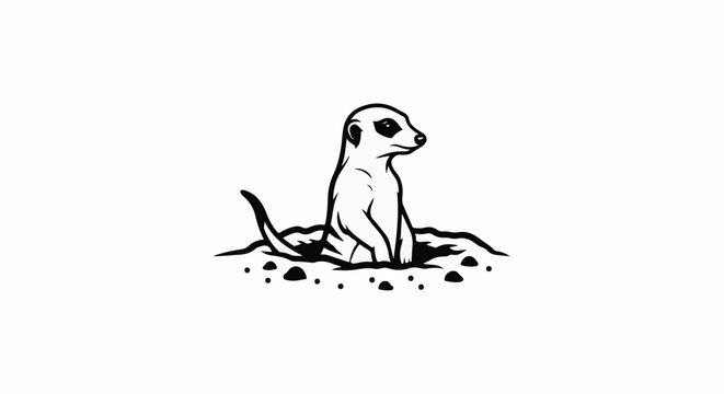 Stylized meerkat emerges from underground den in black and white graphic