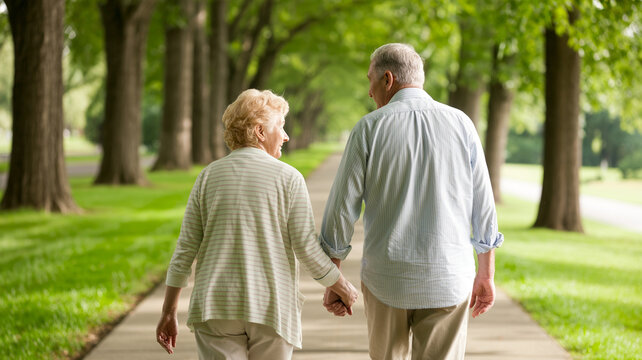 Senior couple walking along tree lined path in park holding hands while enjoying sunset stroll in peaceful nature setting surrounded by lush green foliage during golden hour calm afternoon exercise.