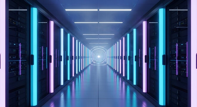 Futuristic data center corridor with glowing neon lights and server racks, advanced technology concept