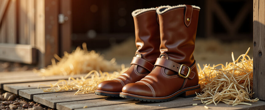 Tall leather riding boots placed on barn floor with straw  