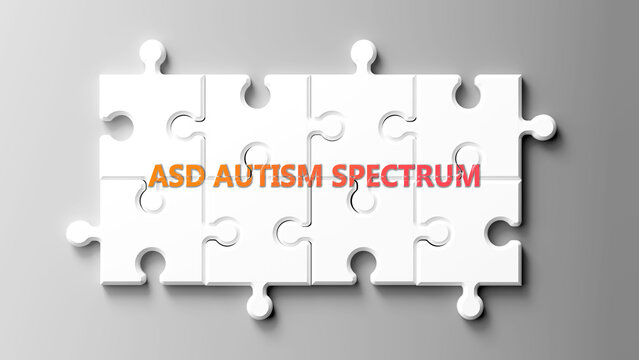 Asd Autism Spectrum complex like a puzzle - pictured as word asd autism spectrum on a puzzle pieces to show its complexity. ,3d illustration