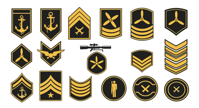 Comprehensive collection of military rank insignia and service badges displays various symbols like anchors, wings, and propellers.