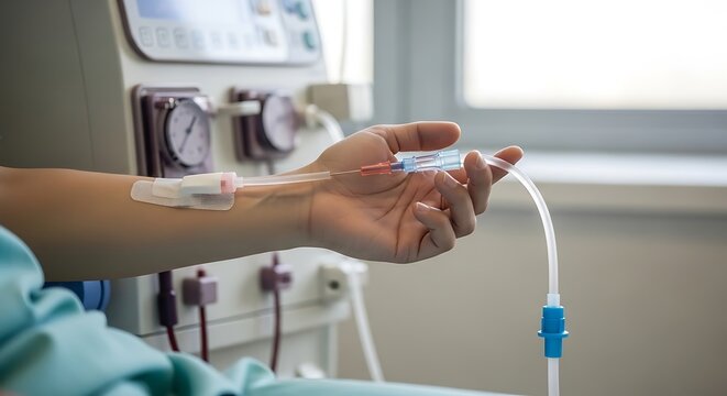Patient undergoing hemodialysis treatment in a hospital clinic