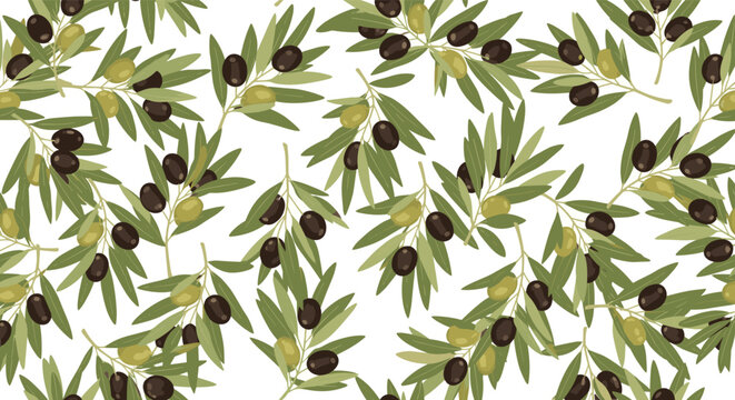 Elegant seamless pattern featuring green olive branches with ripe black and green olives on a white background.