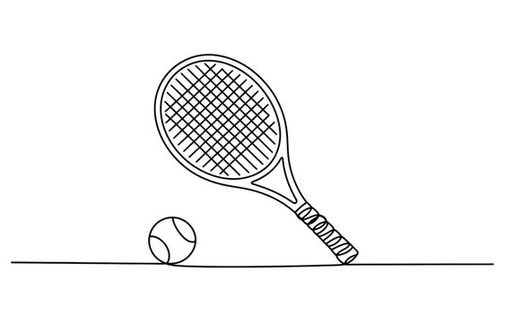 Continuous line drawing of a tennis racket and a tennis ball