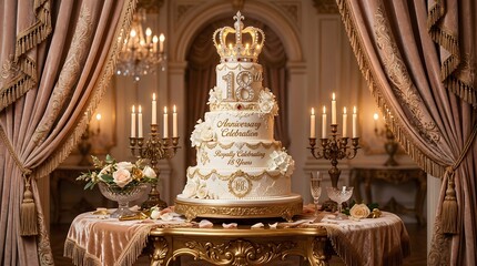 Obraz premium Elegant 18th anniversary cake with gold crown topper in a luxurious royal ballroom setting