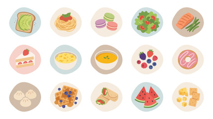 Fototapeta premium Flat Vector Icons of Various Delicious Foods, Sweet Desserts, and Healthy Meals
