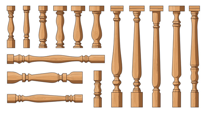 Detailed collection of many different wooden balusters in various traditional and ornate shapes for stairs and railings.
