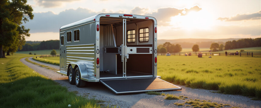 Horse trailer parked on gravel road with sunset in background  