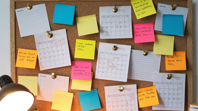 cork board filled with various paper notes and calendar sheets pinned with pushpins creating a colorful and organized display for reminders and events.
