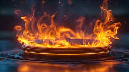 Fototapeta premium Vibrant visual of fire emanating from a circular metallic surface with dark background.