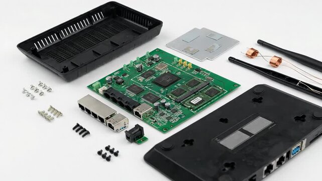 Detailed flat lay view of a disassembled black wireless network router revealing its internal green printed circuit board metal components antennas and tiny mounting screws on white background