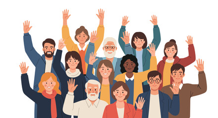 Obraz premium Diverse group of men and women from different backgrounds stand together with their hands raised and waving to show joy and community unity.
