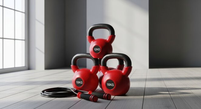 Vibrant red kettlebells and jump rope arranged for a demanding workout session