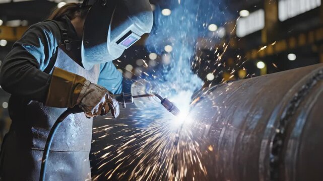 Person welding metal pipe in factory highlighting industrial scale and construction progress