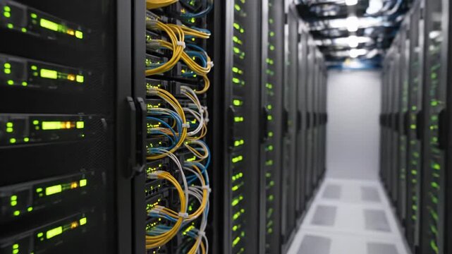 Interior view of a modern corporate data center server room featuring rows of black racks with glowing green lights and bundled yellow and blue network cables along a white aisle