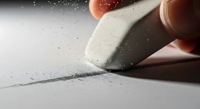 Closeup of a hand using a white eraser to remove a pencil line on a piece of paper