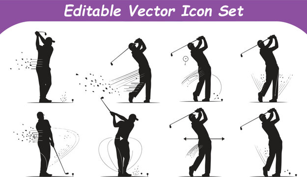 Set of 8 editable vector icon silhouettes of golfers in action with silhouette