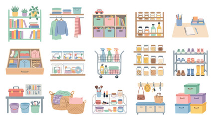 Fototapeta premium Home organization vector illustration, various storage solutions