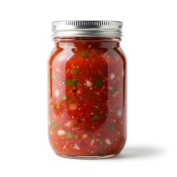 A glass mason jar filled with chunky red spicy tomato salsa sauce with a metal lid for food storage and cooking prep