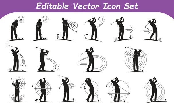Golf player swing sequence silhouettes editable vector icon set with silhouette