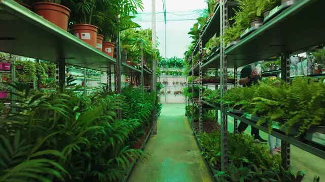 Interior view of a lush commercial greenhouse with rows of metal shelves holding many potted green plants and ferns alongside an aisle for botanical cultivation and agricultural retail business