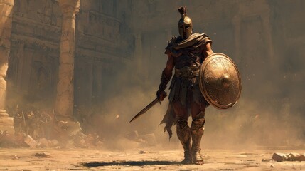 Naklejka premium Bronze-armored Spartan soldier with shield and blade amid antique Greek battlefield setting