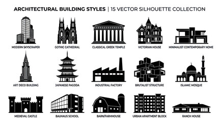 Fototapeta premium Architectural Building Styles Vector Silhouettes - Black White Icons