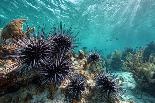 Calm turquoise depths with sea urchins and coral on the reef, natural underwater scenery