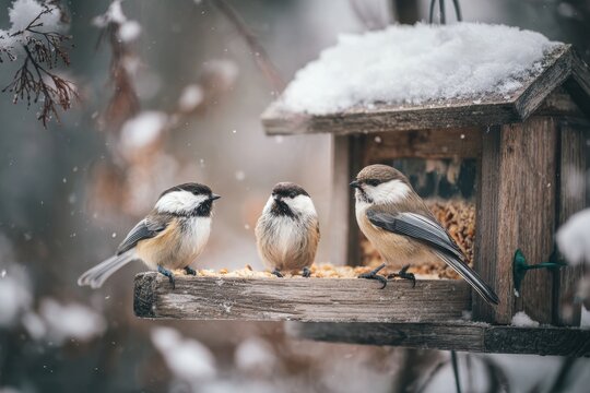 Calm winter backyard scene with small birds feeding on suet at a snow-dusted feeder