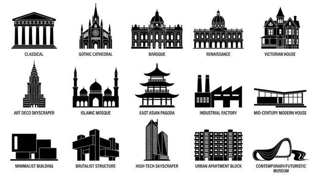 Architecture Styles Icons Set Black White Vector Building Collection