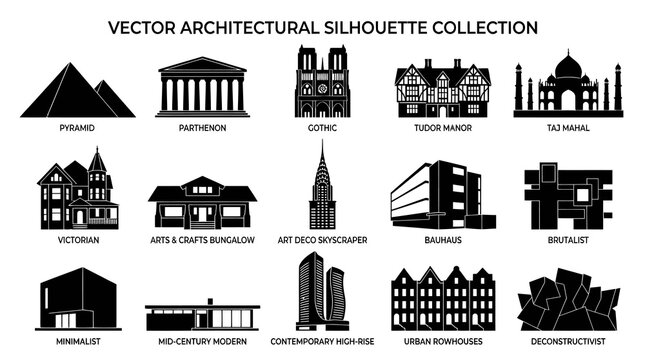 Vector Architectural Silhouettes: Diverse Building Styles Collection