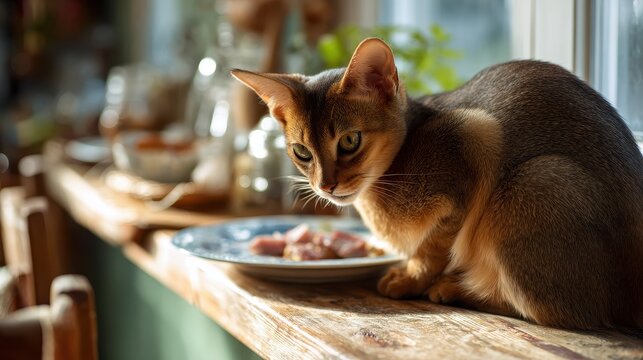 Candid moment: Abyssinian cat nibbling meat on a plate at the dining table