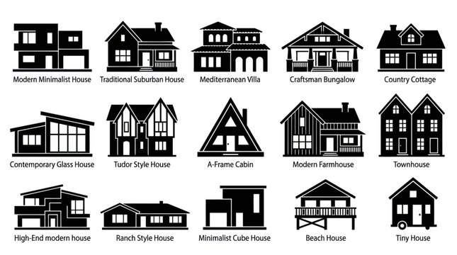 Black and White Icons of Various House Styles